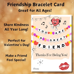 Carte de bracelet de l'amitié imprimable Saint-Valentin époque de l'amitié goodies étiquette de sac collège perles Bracelet carte Bestie téléchargement immédiat