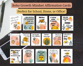 May include: A set of fifteen rectangular affirmation cards featuring black text and colorful abstract shapes like suns, rainbows, and plants. The cards include phrases such as Always be the best version of yourself, Believe in yourself, and Never Give Up.