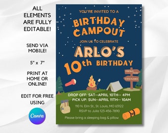 Boys Camping Sleepover Birthday Invitation Editable Boy Sleepover Party Invite Boys Birthday Party Campout Template Boy Slumber Party Invite