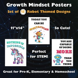 Plakat o nastawieniu na rozwój robota, klasa STEM, motywacja w szkole podstawowej, wystrój sali lekcyjnej, inspirujący cytat, afirmacja doradcy szkolnego, szkoła średnia