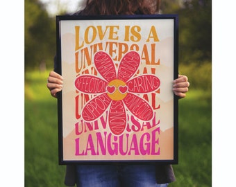 Retro Wall Art Trendy Inclusive Love Is A Universal Language Printable Poster Aesthetic Trendy Retro Decor Maximalist Eclectic Pink Wall Art