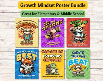 Growth Mindset Posters: Comic Book Animal Theme, Classroom Decor (Digital Download)