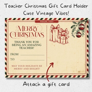 Titular de la tarjeta de regalo de Navidad para maestros imprimible, Tarjeta de agradecimiento para maestros de PTA PTO, Tarjeta de vacaciones para maestros, Gracias para maestros, Navidad vintage