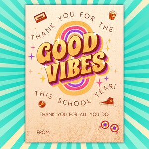 Grappige Retro Leraar Waardering Kaart Afdrukbare Retro Leraar Bedankkaart Leraar Waardering Week Gift Card Houder Good Vibes 70s Kaart