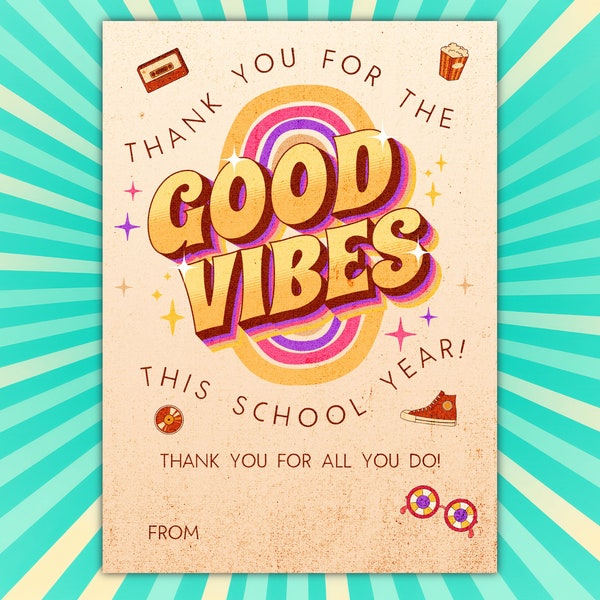 Funny Retro Teacher Appreciation Card Printable Retro Teacher Thank You Card Teacher Appreciation Week Gift Card Holder Good Vibes 70s Card