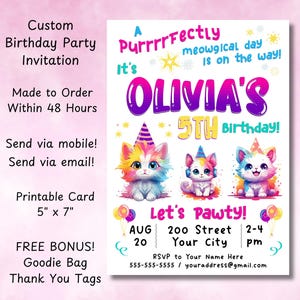 Faire-part d'anniversaire chat arc-en-ciel, Let's Pawty Inviter, Faire-part d'anniversaire chaton mignon, téléchargement immédiat imprimable personnalisé, chaton arc-en-ciel