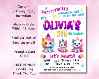 Rainbow Cat Birthday Invitation, Let's Pawty Invite, Cute Kitten Birthday Invitation, Custom Printable Instant Download, Rainbow Kitten