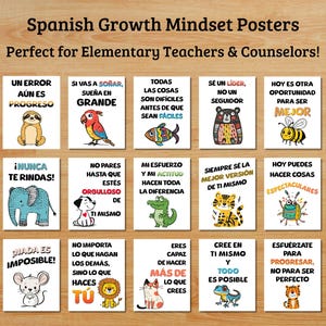 Elementary Spanish Growth Mindset Poster Spanish Class Motivational Animal Decor School Counselor Office Positive Affirmation Bulletin Board