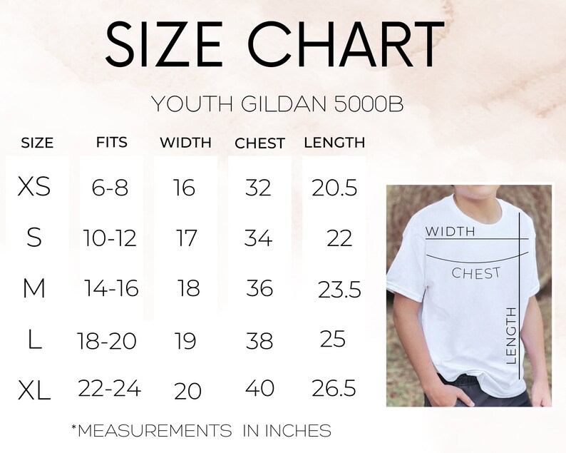 May include: A size chart for Youth Gildan 5000B t-shirts. The chart lists sizes XS to XL, with corresponding measurements in inches for width, chest, and length. A diagram illustrates how to measure the shirt.