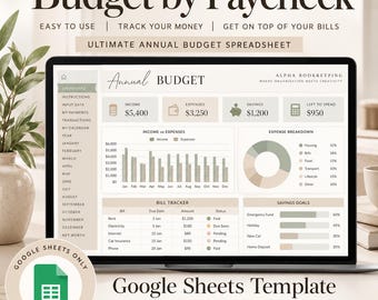 May include: A laptop screen displaying an annual budget spreadsheet template titled Budget by Paycheck. The interface features a dashboard, income and expense charts, a bill tracker, and savings goals in a neutral color palette. Text includes Alpha Bookkeeping, Google Sheets Only, and various financial categories.