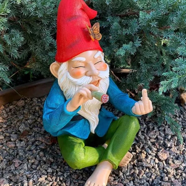 Funny Smoking Garden Gnome Outdoor Statue Figurine | Stoner Weed Middle Finger Flipping Off Fairy Garden Outside Decoration