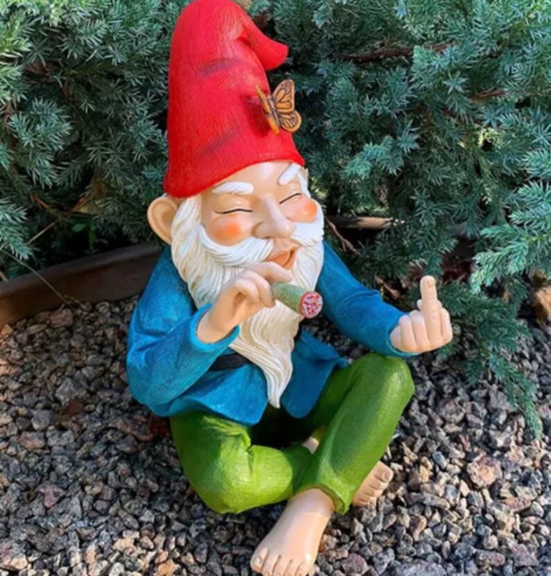 Funny Smoking Garden Gnome Outdoor Statue Figurine | Stoner Weed Middle Finger Flipping Off Fairy Garden Outside Decoration