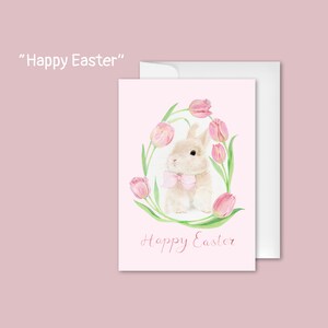Carte de voeux de Pâques Lapin mignon Fleurs roses Cartes tulipe Joyeuses Pâques