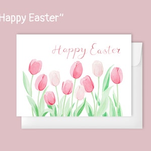 Carte de voeux de Pâques Fleurs roses | Cartes tulipe｜Joli lapinCartes Joyeuses Pâques