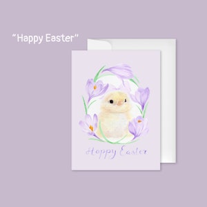 Carte de voeux de Pâques Poussin mignon Fleur mauve Fleur de crocus Cartes de Joyeuses Pâques