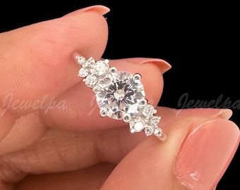 2.5 CT Lab-Grown Diamond Round Cut Cluster Ring, Solid 14K White Gold Engagement Ring, Elegant Prong-Set Promise Ring, IGI Certified Diamond