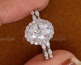 IGI Certified Lab Grown Diamond Engagement Ring Set, 14K White Gold Bridal Set Halo Wedding Ring Set, 2 CT Oval Cut Diamond Ring Set for Her