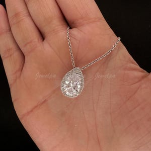 Lab Grown Diamond Halo Pear Pendant | 2.50 CT Pear Cut Diamond Pendant in 14K White Gold Pendant | Teardrop Necklace|  Perfect Gift for Her