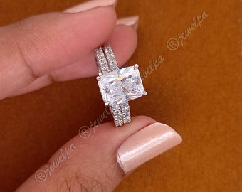 3 CT Radiant Cut Lab Grown Diamond Engagement Ring Set, IGI Certified Radiant Cut Wedding Ring Set For Bride, Lab Created Bridal Jewelry