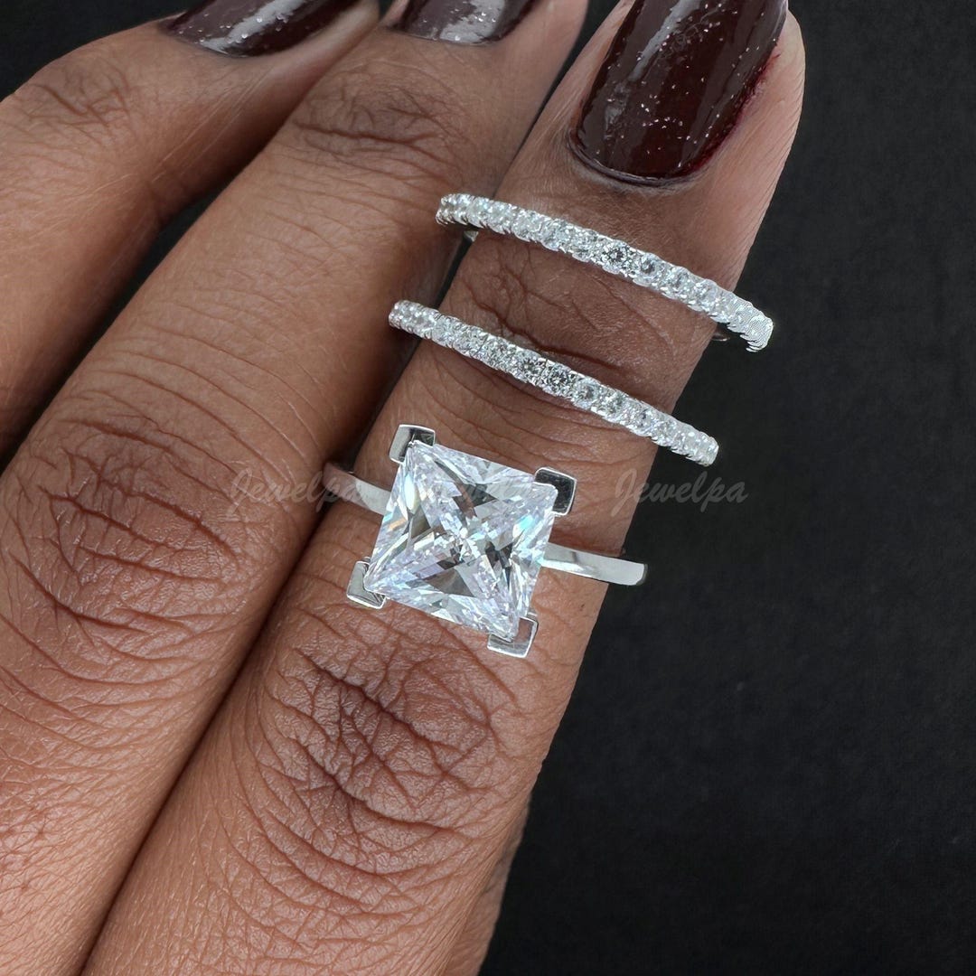 Princess Cut 3 CT Lab-grown Diamond Trio Engagement Ring Set, Solid 14K ...