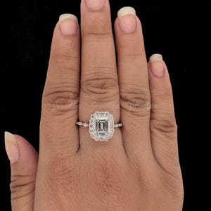 Anillo vintage con diamante cultivado en laboratorio y esmeralda de 2,50 quilates, oro blanco macizo de 14 quilates, certificado, delicado anillo de compromiso, diseños de regalo personalizados para ella.