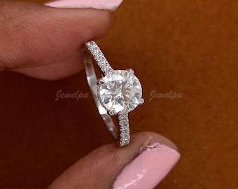 Anillo de compromiso con halo oculto de talla redonda de diamantes cultivados en laboratorio de 2,00 CT, anillo de bodas de oro blanco sólido, anillo de regalo del día de la madre, anillo personalizado