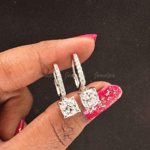2.50 CT Cushion Cut Lab Diamond Dangle Earrings | 14K White Gold Drop Earrings | Lab Grown Diamond Earrings for Women | Handmade Jewelry