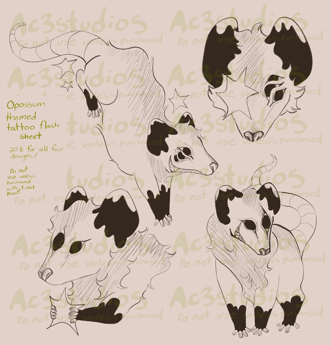 Opossum Themed Tattoo Flash Sheet Art + Ticket - Etsy