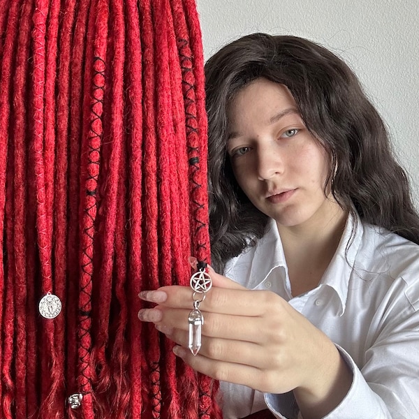 synthetic dreadlocks, red dreadlock extension with accessories, boho style, festival