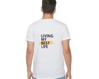 May include: White t-shirt with a black graphic that says "Living my best life" with a yellow stripe across the text.
