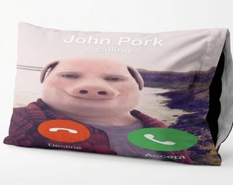 John Pork Pillowcase | TikTok Meme Gag Gift for Teens | Funny Chronically Online Ironic Decor | Novelty Brainrot Bedding