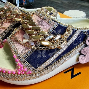 Designer Fancy fashion Louis vuitton theme bedazzled LV pearls brown gold  flower crocs
