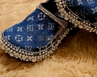 Custom crocs with denim and pearls