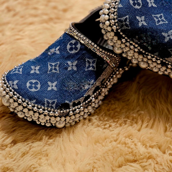 Custom crocs with denim and pearls