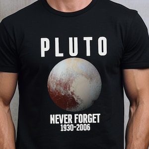 May include: A black t-shirt with the word "PLUTO" in white text and a picture of Pluto with the text "NEVER FORGET 1930-2006" underneath.
