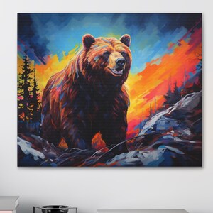 Bear Canvas Wall Art Grizzly Bear Neon Art Bear Canvas Print Home Decor Ready to Hang Brown Bear Canvas Wall Art Grizzzly Bear