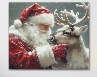 Santa and Reindeer Canvas Print: Christmas Wall Art Decor