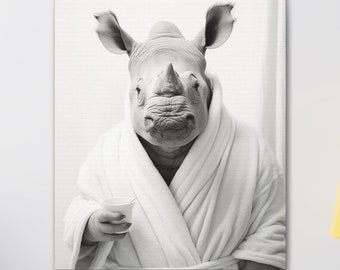 Rhinoceros in Bathrobe Canvas Art: Modern Farmhouse Bathroom Decor