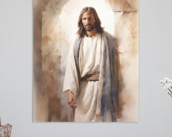 May include: A painting of Jesus Christ standing in a doorway. He is wearing a white robe with a blue sash and has long brown hair and a beard. The background is a light brown color with a hint of blue.