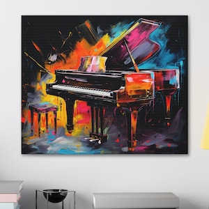 Piano Canvas Wall Art Piano Neon Oil Painting Home Decor Ready to Hang Piano Canvas Wall Art Music Studio Art Music Wall Decor