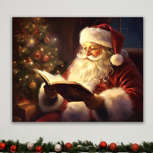 Vintage Christmas Wall Art, Santa Reading A Book Canvas, Christmas Oil Painting, Christmas Canvas Wall Art, Santa Wall Art