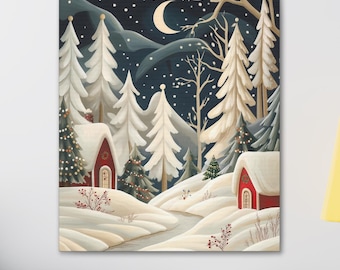 Puede incluir: Una escena de invierno nevada con una luna creciente en el cielo nocturno. Dos casas rojas con techos blancos están enclavados en un bosque de pinos cubiertos de nieve. Las casas tienen coronas en sus puertas y están decoradas con luces parpadeantes. Un camino sinuoso atraviesa el bosque nevado.