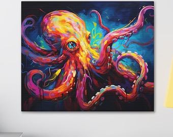 Neon Octopus Oil Painting: Colorful Canvas Wall Art