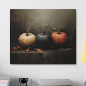Colored Pumpkins Canvas: Rustic Halloween Oil Painting