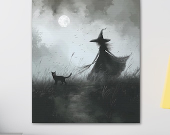 Witch and Black Cat Canvas: Gothic Halloween Wall Art