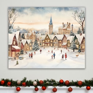 Watercolor Christmas Village Painting: Snowy Winter Canvas Print