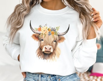 Floral Highland Cow Sweatshirt: Western Crewneck Sweater