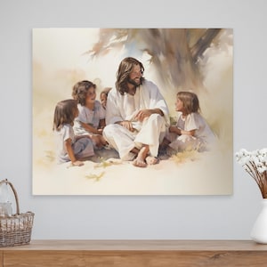 Jesus With Children Canvas, Jesus Painting, Easter Painting, Christian Wall Art, LDS Art, Easter Gift, Christian Home Decor, LDS Gifts