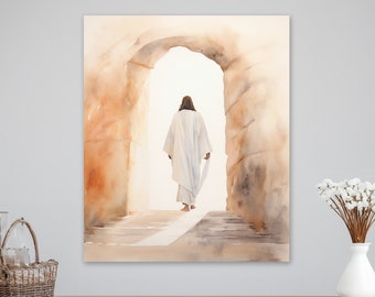 May include: A watercolor painting of a person in a white robe walking through an archway. The person is walking away from the viewer and the archway is made of stone. The painting is done in a soft, muted palette of browns and tans.