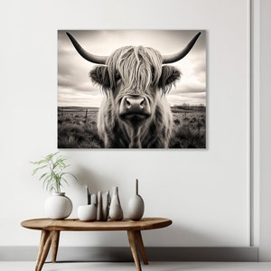 Highland Cow Wall Art, Ready to Hang Canvas, Farmhouse Wall Art, Rustic Wall Art, Black and White Scottish Cow Art, Canvas Wall Art